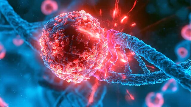 Cancer cell interacting with a DNA double helix in a microscopic environment, glowing malignant cell, genetic mutation, oncology research and molecular medicine concept