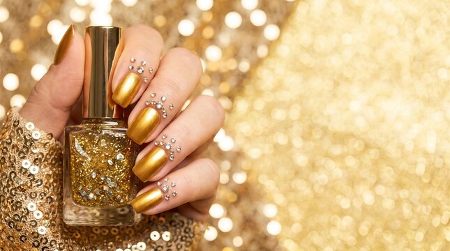 Golden manicure decorated with sparkling gems, featuring hand holding golden nail polish,, trendy beauty accessories, luxurious fashion aesthetic