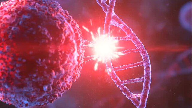 Cancer cell interacting with a DNA double helix in a microscopic environment, glowing malignant cell, genetic mutation, oncology research and molecular medicine concept. 
