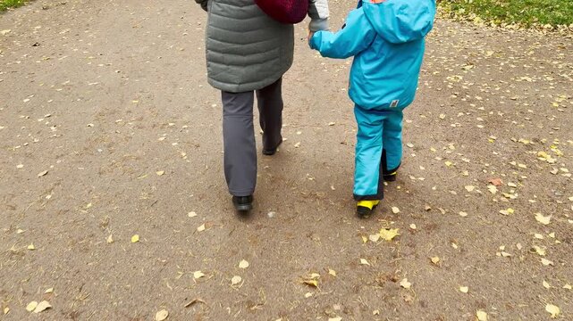 A parent and child walk hand in hand along a leaf-covered path. This loving stroll brings warm happiness to Pavlovsk Park, Saint Petersburg.