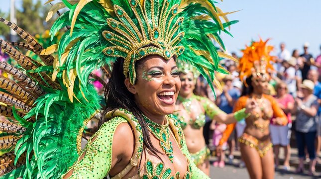 Woman in elaborate green feather costume dancing in a lively street carnival parade. Spectators watch costumed performers along the parade route. Carnival celebration, music and dance.