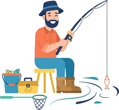 Vector illustration of a bearded man sitting on a stool and recreational fishing with a rod and tackle box.