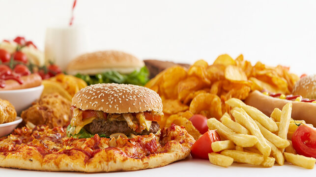 Variety of delicious fast food meals including burgers pizza and fries against a white