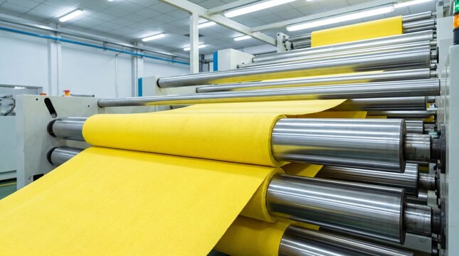 Yellow fabric moving through industrial textile finishing rollers in a manufacturing plant. Fabric production and textile processing. Industrial machinery, manufacturing workflow.