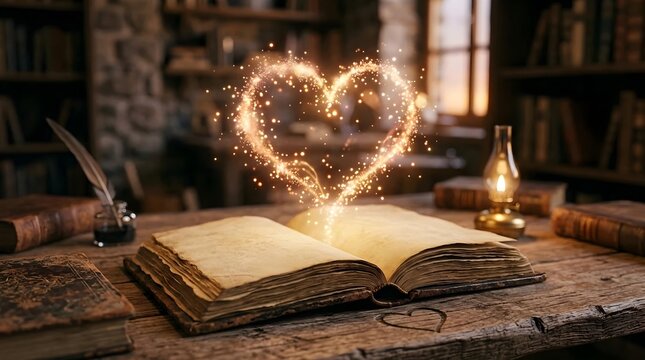 Magical open vintage book with a glowing golden heart made of sparkling stardust rising from its pages, symbolizing the power of compassionate stories and empathy for World Kindness Day.
