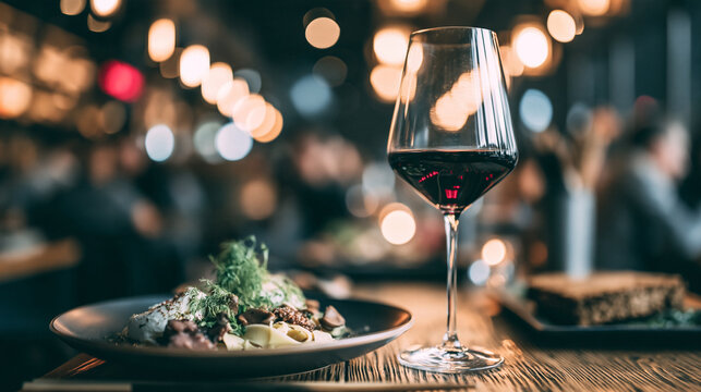 Glass of red wine served beside a delicious gourmet pasta dish in a dimly lit restaurant