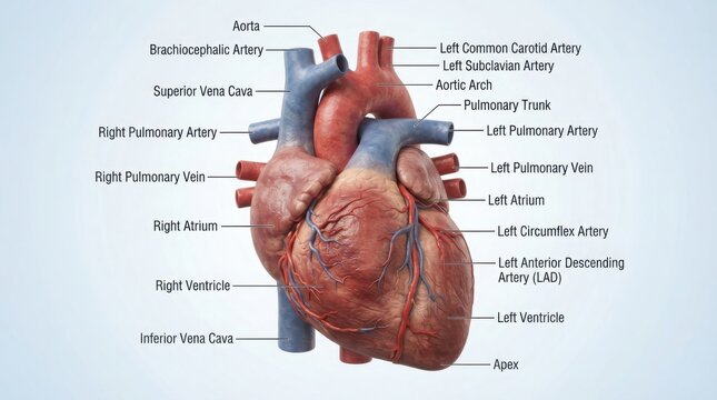 Educational diagram of human heart anatomy with labels illustration