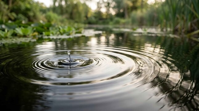 Gentle water droplet creating expanding circular ripples on a calm pond surface, representing the far-reaching positive impact of small acts of kindness for World Kindness Day celebration.