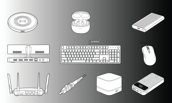 Set of computer peripherals and electronic accessories line icons on gradient background