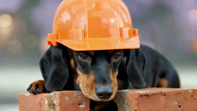 Adorable 4K comedic scene featuring a small black and tan Dachshund puppy wearing a miniature bright orange construction hardhat lazily resting its head on a stack of red clay bricks against a soft