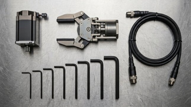 Robotics components including servo motor, gripper claw, encoder cable and calibration tools arranged on a steel workbench