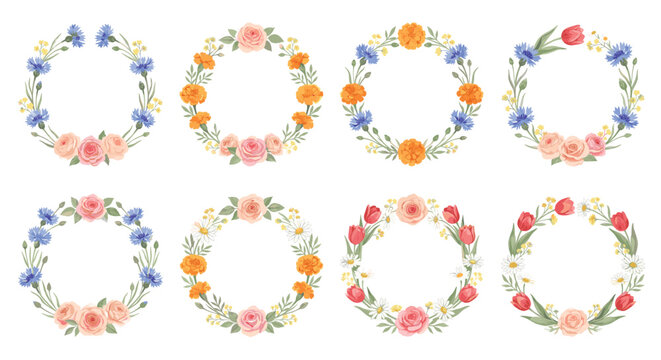 Botanical wreath frame set in a colorful watercolor style, with roses, cornflowers, marigolds, tulips, daisies, and leaves
