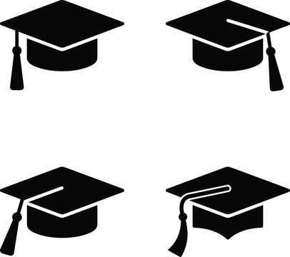 Graduation Mortarboard Academic Caps with Tassels Vector Silhouette Icon Set for University Degree College Commencement Education and Student Achievement Concepts