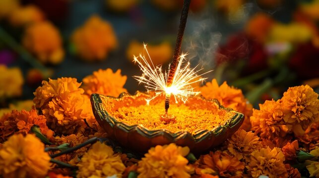 Sparkling incense stick within orange marigold petals, representing festive traditions and cultural rituals in a vibrant setting