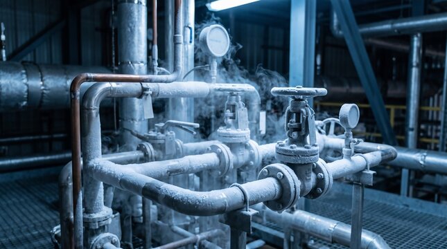 Cryogenic Pipes Frost Valves And Gauges In A Dim Industrial Plant With Drifting Vapour And Cold Blue Light
