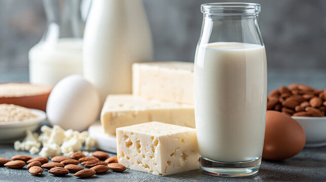 Glass bottle of fresh dairy milk with cheese cubes and organic eggs on a table