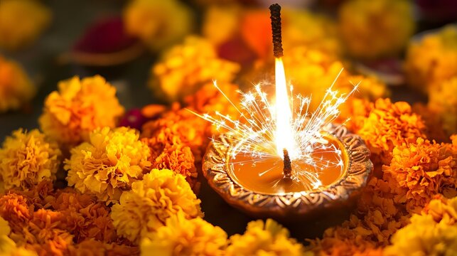 Bright golden marigolds surround a lit diya, illuminating warmth, representing Diwali celebration, a festive cultural concept