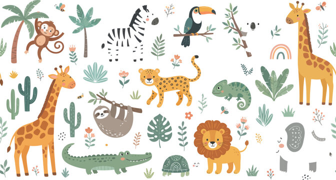 Cute seamless jungle animal pattern featuring safari wildlife characters and tropical plants jungle animals kids pattern zoo animals