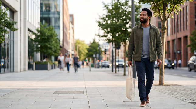 Black man walking on city sidewalk carrying a reusable canvas tote bag