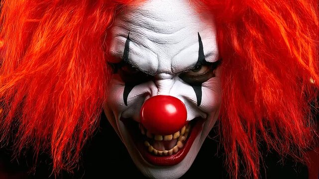 Frightening red-haired clown leaning toward the viewer in a dark carnival setting, pale theatrical makeup with sharp black and crimson patterns, sinister expression and Halloween horror concept
