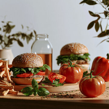 Fresh homemade burgers with tomatoes and herbs on a rustic wooden table