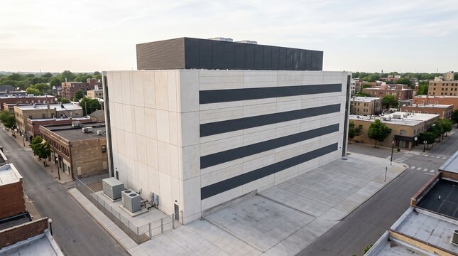 Multi Story Data Center Towering Over A Small Brick Town In An Aerial View Of A Windowless White Block With Louvre Bands And A Rooftop Plant Screen Above Empty Streets