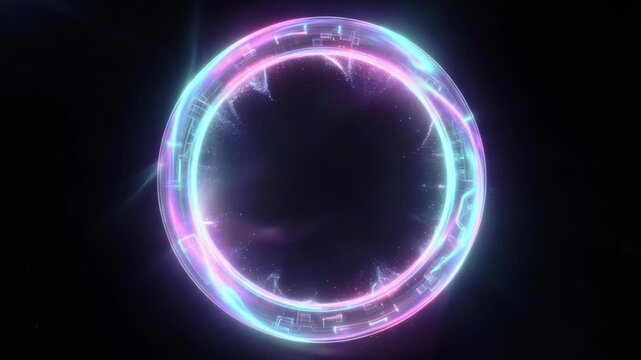 Glowing futuristic energy ring pulsating with purple and cyan neon light on a dark background in outer space with particles