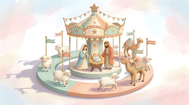 Whimsical minimalist Nativity reimagined around a small children&rsquo;s carousel, with baby Jesus peacefully resting in a stationary central cradle while Mary and Joseph stand beside Him and simplified lam