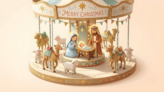 Whimsical minimalist Nativity reimagined around a small children&rsquo;s carousel, with baby Jesus peacefully resting in a stationary central cradle while Mary and Joseph stand beside Him and simplified lam