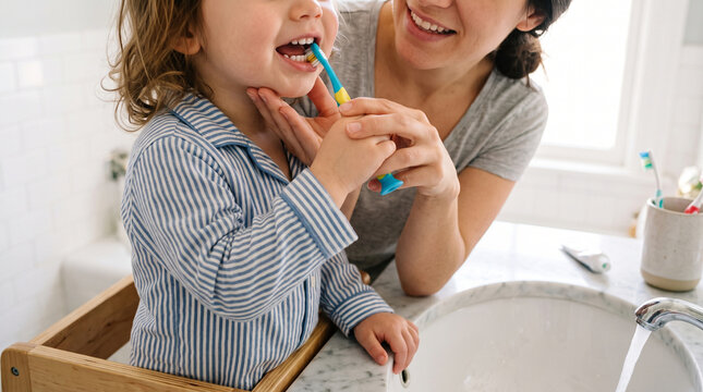Mother helping child brush teeth happy smiling morning routine in bathroom with healthy hygiene habit to ensure clean bright white tooth