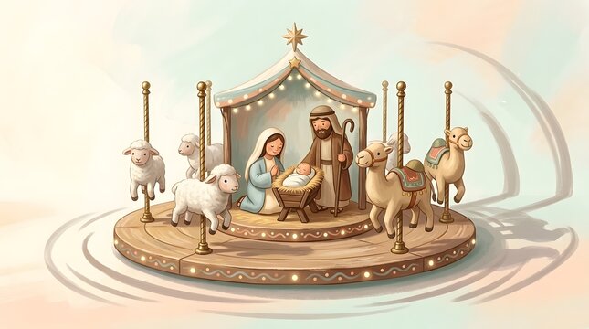 Whimsical minimalist Nativity reimagined around a small children&rsquo;s carousel, with baby Jesus peacefully resting in a stationary central cradle while Mary and Joseph stand beside Him and simplified lam