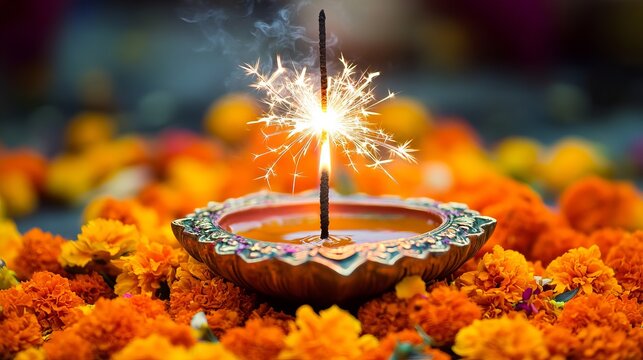 Glowing diya lamp with vibrant sparks illuminates a bed of orange marigolds, representing light and festive cultural moments