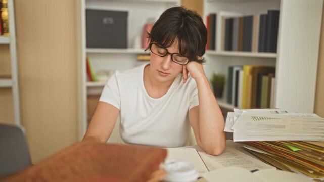 Woman reading papers and books at desk, hand to temple with glasses, stack of folders and coffee inside a building; quiet concentration.