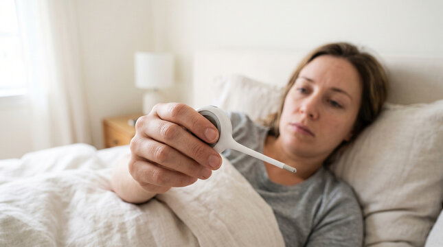 Sick woman checking body temperature digital thermometer fever flu illness resting in bed with tired and worried expression in bedroom