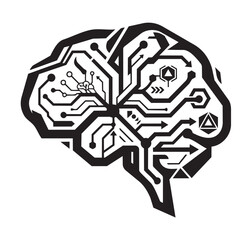 Fototapeta premium Human brain silhouette filled with electronic circuit board pathways and tech arrows tech mind artificial intelligence brain icon data processing neural network digital thinking