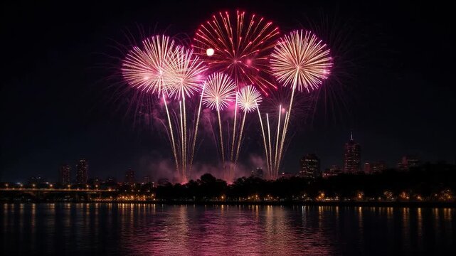 Spectacular fireworks celebration over a river with city skyline reflections at night for a national holiday or new year event