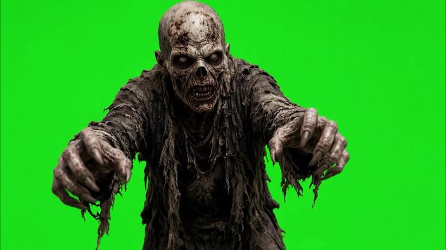 Scary zombie walking towards camera with outstretched arms on a green screen background for chroma keying