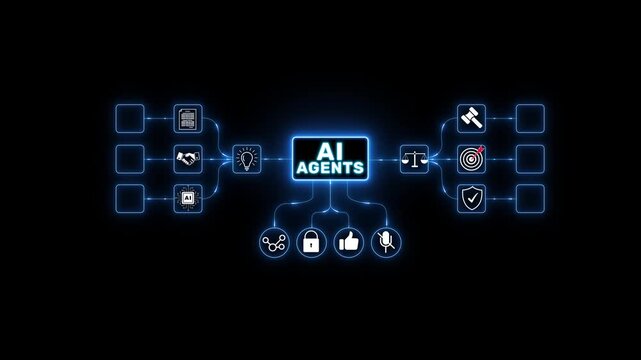 AI agents concept on the black background. Connected artificial intelligence icons and data flow, autonomous workflow, multi agent system.