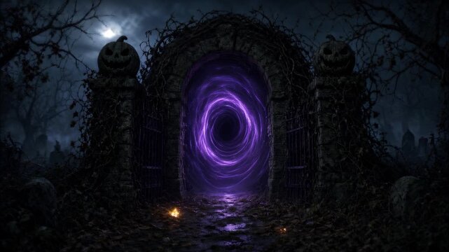 Spooky halloween gate opening to a purple magic portal in a scary cemetery at night with a full moon and evil pumpkins
