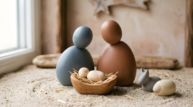 Minimal Nativity interpretation created from smooth rounded pebble-like characters, baby Jesus represented by the smallest softly painted form resting inside a shallow curved cradle while Mary and Jos