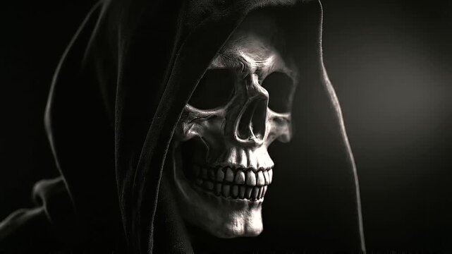 Hooded human skull emerging from deep darkness, dramatic side lighting illuminating weathered bone texture and hollow eye sockets, grim reaper,death and Halloween horror concept