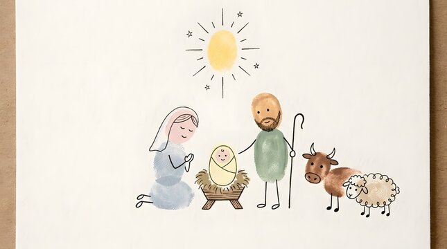 Minimal Nativity created from carefully arranged fingerprint shapes, with differently sized pastel fingerprints forming baby Jesus, Mary, Joseph and several gentle animals while a few simple ink strok