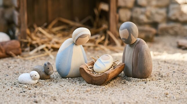 Minimal educational Nativity imagined as a playful illustrated map for young children, baby Jesus with Mary and Joseph marked as the central destination while simplified paths connect tiny olive trees