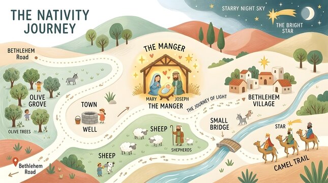 Minimal educational Nativity imagined as a playful illustrated map for young children, baby Jesus with Mary and Joseph marked as the central destination while simplified paths connect tiny olive trees