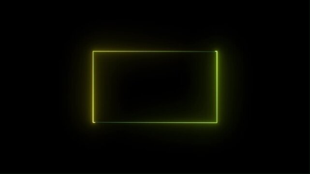 Glowing Neon gold colars rectangle Frame with black Screen animation Futuristic light effect isolated on black Background, 4k quality neon line animation video.