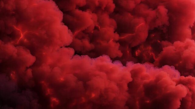 Red stormy clouds crackling with atmospheric lightning discharges. Abstract fantastic celestial hellish landscape with thunder