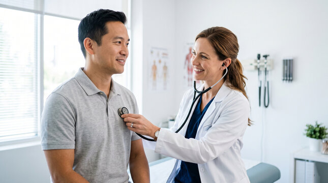Cheerful doctor examining patient with stethoscope in clinic to check heart health and lung function during professional medical checkup