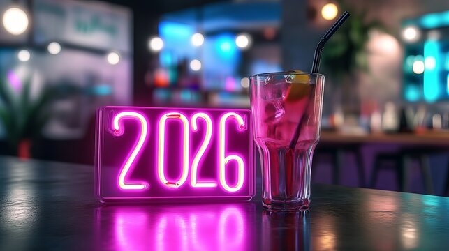 Glowing neon 2026 sign, refreshing drink with citrus, stylish bar ambiance, celebrating future moments and new year&rsquo;s events