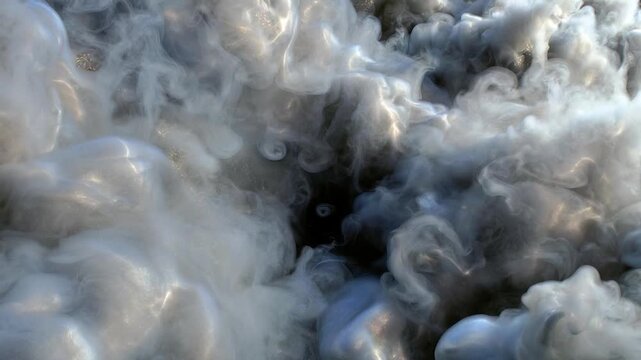 Abstract clouds of iridescent smoke and magic fog swirling and evolving. Mystical gray vapor flowing on a dark background