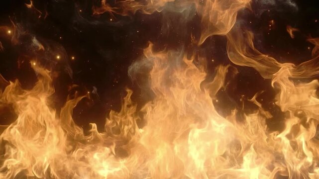 Burning fire wall with intense flames, smoke, and embers against a dark abstract background, symbolizing power and inferno